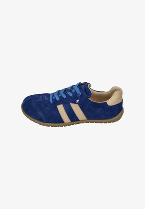 Blue suede sneaker with beige stripes, flat sole, blue laces, and tan accents at the heel and inner lining. Textured surface detail visible.
