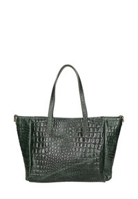 Borsa tote in pelle verde con stampa coccodrillo, forma rettangolare, doppi manici, superficie testurizzata, interno spazioso, con tasche laterali accentuate.