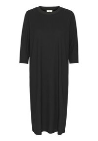 Robe noire à manches trois-quarts, texture côtelée, col rond et coupe loose, atteignant le genou. Aucun motif ni accent visible.