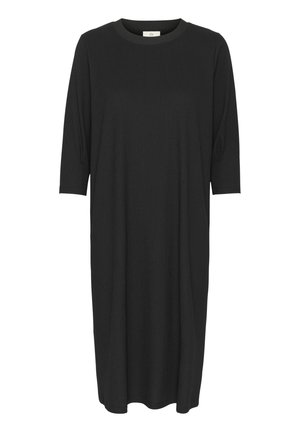 Zwarte jurk met driekwartmouwen, ribbelstructuur, ronde halslijn en een losse pasvorm, tot aan de knie. Geen zichtbare patronen of accenten.