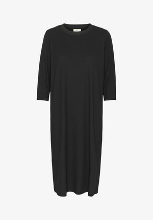 Zwarte jurk met driekwartmouwen, ribbelstructuur, ronde halslijn en een losse pasvorm, tot aan de knie. Geen zichtbare patronen of accenten.