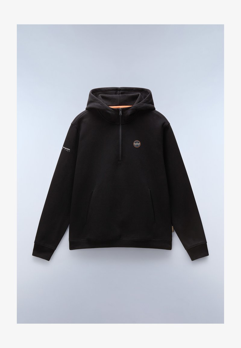 Schwarzer Pullover-Hoodie mit einem Front-Reißverschluss, strukturiertem Stoff, Kängurutaschen und einem orangefarbenen Innenfutter. Mit einem Logo auf der Brust.