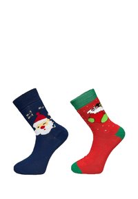 Marineblaue Socke mit einem Weihnachtsmann-Design und weißem Bart; rote Socke zeigt Weihnachtsmann in grüner Kleidung mit Schneeflocken; beide haben kontrastierende Bündchen.