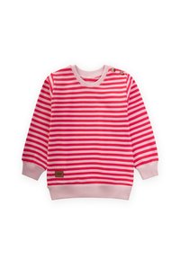 Felpa a righe rosse e rosa con maniche lunghe, collo rotondo e due bottoni in legno sulla spalla; presenta un'etichetta di stoffa all'orlo.