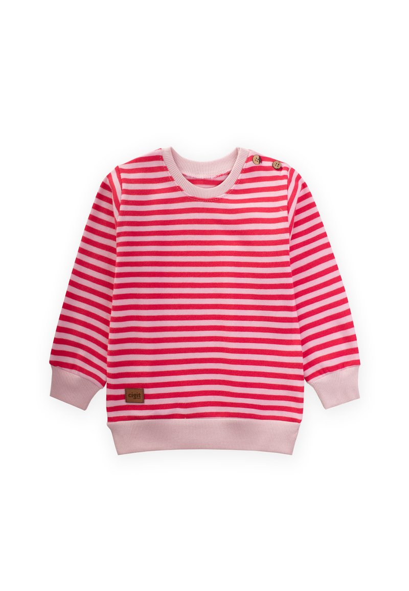 Felpa a righe rosse e rosa con maniche lunghe, collo rotondo e due bottoni in legno sulla spalla; presenta un'etichetta di stoffa all'orlo.