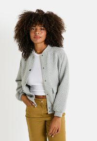 Chaqueta bomber acolchada gris con botones a presión, puños acanalados y bolsillos laterales; llevada sobre una blusa ajustada blanca y pantalones marrón-amarillo.