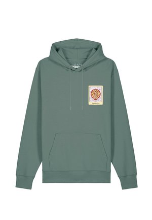 Grüner Kapuzenpullover mit Fronttasche und kleinem Motiv einer Pizza-Tarotkarte mit der Aufschrift "The Pizza" auf der Brust.