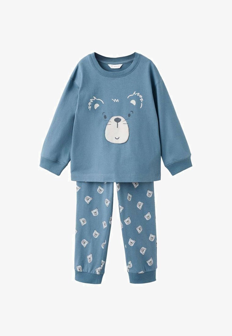 Modrý bavlněný pyžamový set obsahující dlouhý rukáv s motivem medvědí hlavy a kalhoty s opakujícím se vzorem medvědu. Měkká textura a pohodlný střih.