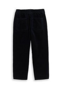 Pantalon en velours côtelé noir avec une taille élastique, deux poches arrière et des jambes droites. Le tissu présente une texture côtelée verticale.