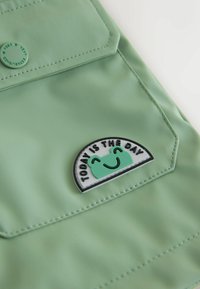 Ljusgrönt tyg med sydd ficka, rund knapp och ett halvcirkelformat märke med en leende groda och texten "IDAG ÄR DAGEN".