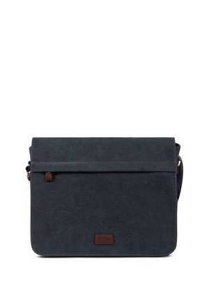 Sac messager en tissu gris foncé avec rabat avant, petite languette en cuir marron et bandoulière réglable.