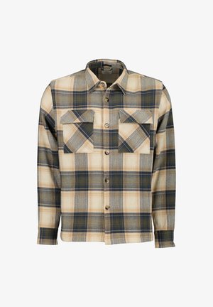 Camicia di flanella a quadri con motivi beige chiaro, blu navy e verde. Presenta due taschini sul petto, chiusura con bottoni e maniche lunghe.