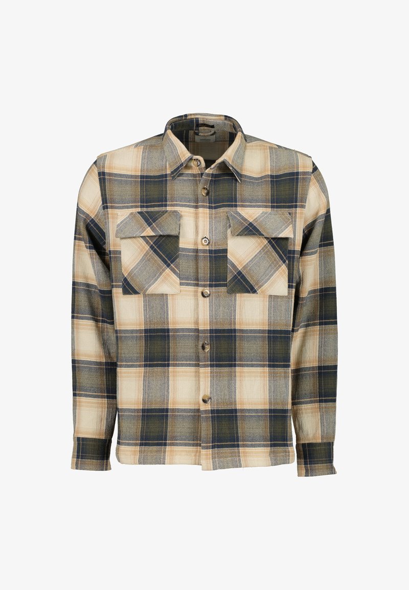 Ternede flannel skjorte med lys beige, marineblå og grønne mønstre. Har to brystlommer, knaplukning foran og lange ærmer.
