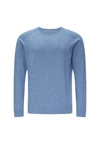 Niebieski sweter dziergany na drutach z długimi rękawami, okrągłym dekoltem i teksturowaną, melanżową tkaniną. Prosty krój i regularne dopasowanie.