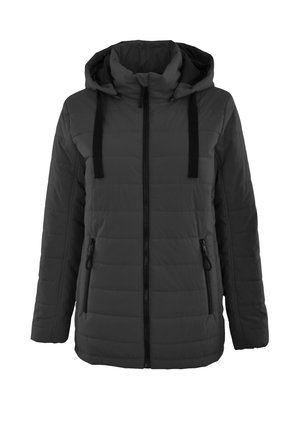 Veste rembourrée noire avec capuche, dotée d'une fermeture éclair intégrale, de deux poches latérales et de cordons de serrage contrastants. Matériau à texture lisse.