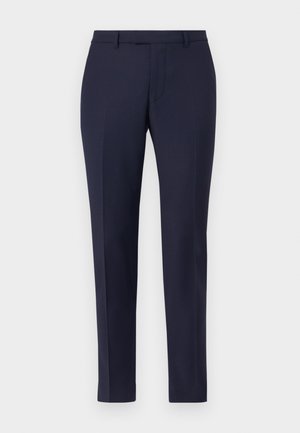 Navy blue tailored trousers with a sleek design, flat front, narrow legs, and no visible hardware or patterns. Smooth fabric texture.