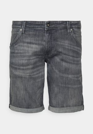 Donkergrijze denimshorts met een vervaagde textuur, opgerolde zoom, vijf-pocket ontwerp en metalen knoopsluiting in de taille.