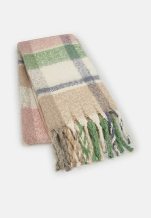 Écharpe en laine douce avec un motif à carreaux beige, vert, rose et bleu, dotée d'extrémités frangées, posée à plat sur un fond blanc.