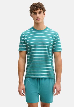 Junger Mann mit lockigem Haar, der ein türkisweiß gestreiftes T-Shirt und einfarbige türkisfarbene Shorts trägt und vor einem einfarbigen Hintergrund steht.