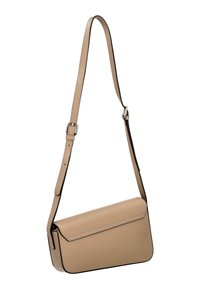 Borsa a tracolla in pelle beige con una forma strutturata, bordi neri a contrasto, chiusura a pattina piatta e tracolla regolabile.