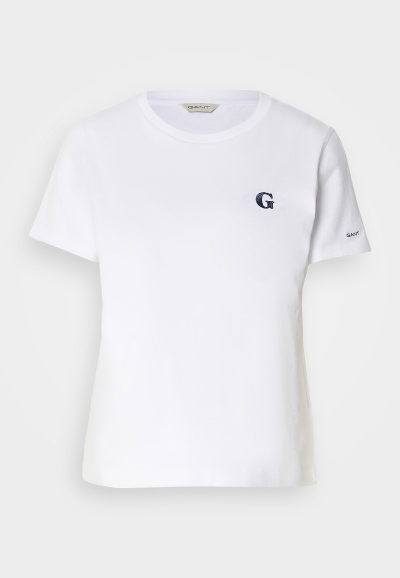 Weißes Baumwoll-T-Shirt mit kurzen Ärmeln und rundem Ausschnitt, mit einem marineblau gestickten "G"-Logo auf der Brust und "GANT" auf dem Ärmel.