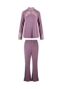 Ensemble de loungewear lilas comprenant un haut à manches longues avec des accents en dentelle et un pantalon assorti avec une bordure en dentelle à l'ourlet. Tissu doux, coupe décontractée.