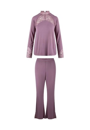 Ensemble de loungewear lilas comprenant un haut à manches longues avec des accents en dentelle et un pantalon assorti avec une bordure en dentelle à l'ourlet. Tissu doux, coupe décontractée.