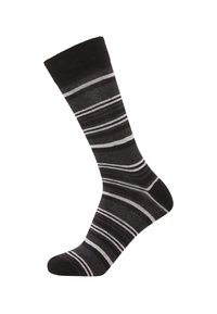Black and gray striped sock featuring horizontal stripes in varying widths, contrasting with a solid black cuff and toe section.