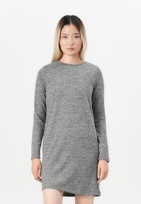 Gray long-sleeve knit dress with a crew neckline, featuring a relaxed fit and a slightly asymmetrical hem. Soft, textured fabric.