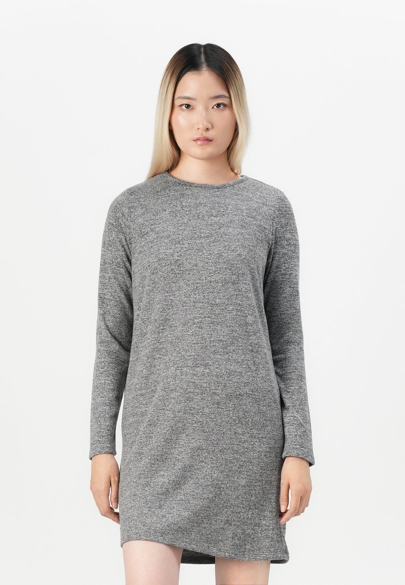 Gray long-sleeve knit dress with a crew neckline, featuring a relaxed fit and a slightly asymmetrical hem. Soft, textured fabric.