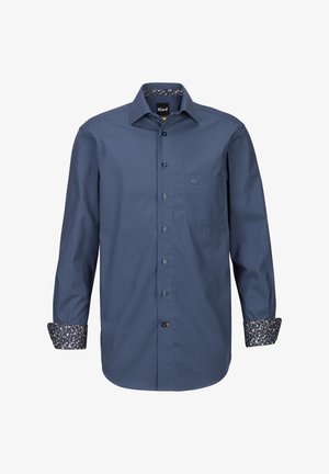 Camicia a bottone in tessuto blu scuro con maniche lunghe. Polsini e colletto foderati con un notevole motivo floreale, con dettagli di taschino sul petto.