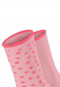Rosa Socken mit einer glatten Textur, die ein Muster aus dunkelrosa Punkten aufweisen und am oberen Rand in leuchtendem Pink eingefasst sind.