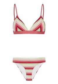Gestreept bikini set met een triangle bralette met dunne bandjes en bijpassende beknopte shorts in tinten van rood, roze en groen.