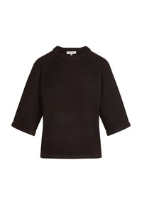 Pull marron foncé à manches courtes avec un col rond et des poignets retroussés, fabriqué en tissu texturé. Design simple et carré.