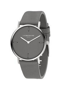 Runde Silberuhr mit grauem Ziffernblatt und passendem Lederarmband. Verfügt über einfache Stundenmarkierungen und silberne Zeiger. Minimalistisches Design.