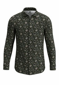 Langärmliges Hemd aus dunkelgrünem Stoff, mit einem floralem Muster in Cremetönen, Blau und Pink, mit spitzem Kragen und Knopfverschluss.