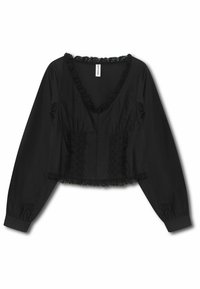 Blusa nera corta con maniche lunghe, scollatura a V e rifiniture in pizzo lungo il collo e l'orlo. Realizzata in tessuto morbido con dettagli arricciati.