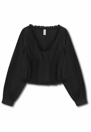 Schwarze, taillierte Bluse mit langen Ärmeln, V-Ausschnitt und Spitze entlang des Ausschnitts und Saums. Aus glattem Stoff mit gerafften Details gefertigt.
