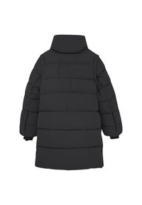 Giacca a vento nera con colletto alto, caratterizzata da un design trapuntato, maniche oversized e polsini elastici. Texture liscia e opaca.
