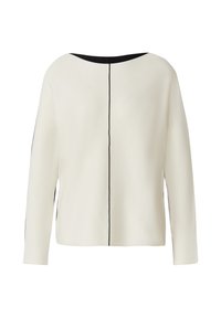 Haut blanc à manches longues avec un large décolleté ; présente des surpiqûres noires au centre et le long des bords, créant un design épuré et minimaliste.