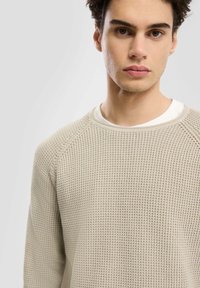Beige gebreid sweater met een textuurpatroon, ronde halslijn en raglanmouwen, gedragen over een witte T-shirt.