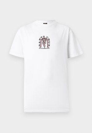 White short-sleeve T-shirt with a small central logo featuring stylized flames and the text "Santa Cruz Skateboards" in an arch.