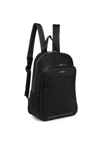 Sac à dos noir avec des bretelles rembourrées, poche avant zippée, matériau en nylon lisse, forme rectangulaire mince, avec un panneau d'accent texturé.