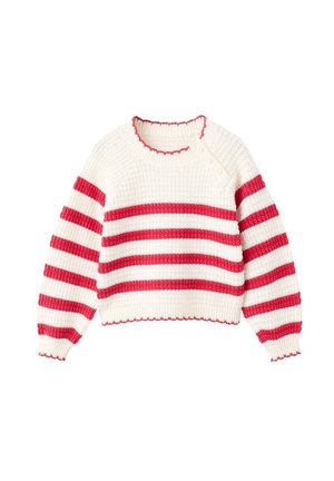 Pull blanc à rayures horizontales rouges, texture côtelée, col rond et trois boutons sur l'épaule, avec ourlet et poignets festonnés.