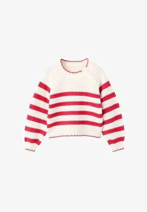 Pull blanc à rayures horizontales rouges, texture côtelée, col rond et trois boutons sur l'épaule, avec ourlet et poignets festonnés.