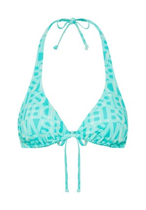 Türkisfarbener Bikini-Oberteil mit dreieckigem Design, das ein kräftiges, wiederholtes Textmuster aufweist und verstellbare Bänder für eine individuelle Passform hat.