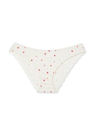 Culotte bikini en coton avec une base blanche, présentant une texture côtelée et un motif de petits cœurs rouges, ornée d'une bordure en dentelle.