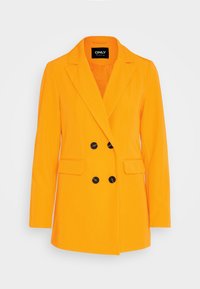 Orange dubbelknäppt blazer med svarta knappar, slagknäppning, två framfickor och en slät textur. Fodrad insida.
