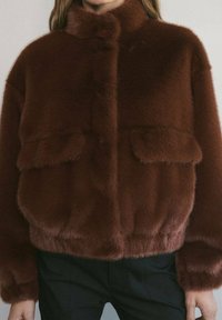 Giacca in pelliccia sintetica marrone con colletto alto, due tasche a toppa e orlo arricciato. Texture morbida, vestibilità rilassata e dettagli di design minimalisti.