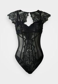 Zwarte kant bodysuit met kapmouwen, doorschijnende meshpanelen en gestructureerde naden voor vorm en ondersteuning.